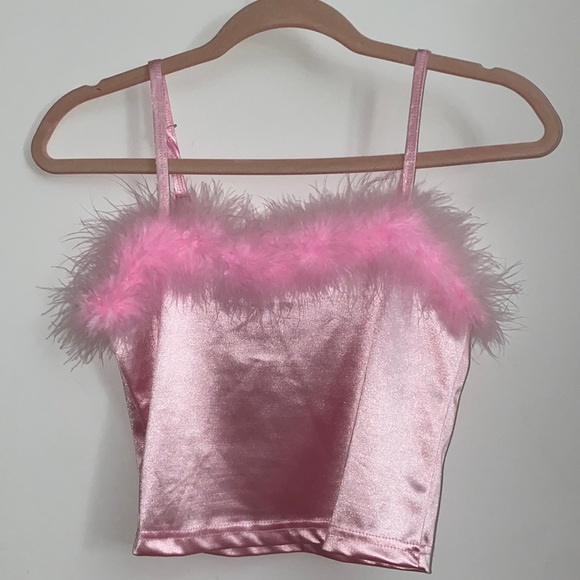 RARE Dolls Kill Pink Fluffy Feather Satin Crop Top - Picture 4 of 9